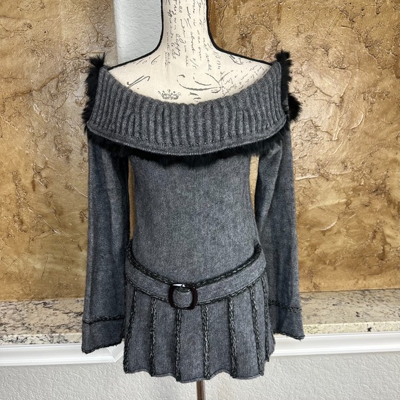 Joseph Ribkoff Sweaters - Joseph Ribkoff Alpaca Wool Blend Sweater Sz 10 Off-Shoulder Gray Black Belted